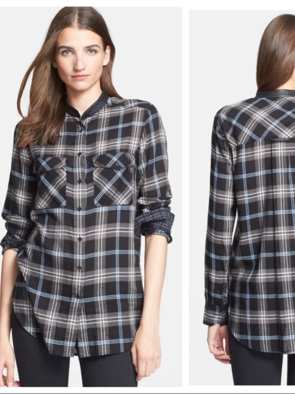 VINCE Leather Trim Plaid Long Sleeve Shirt Size 2